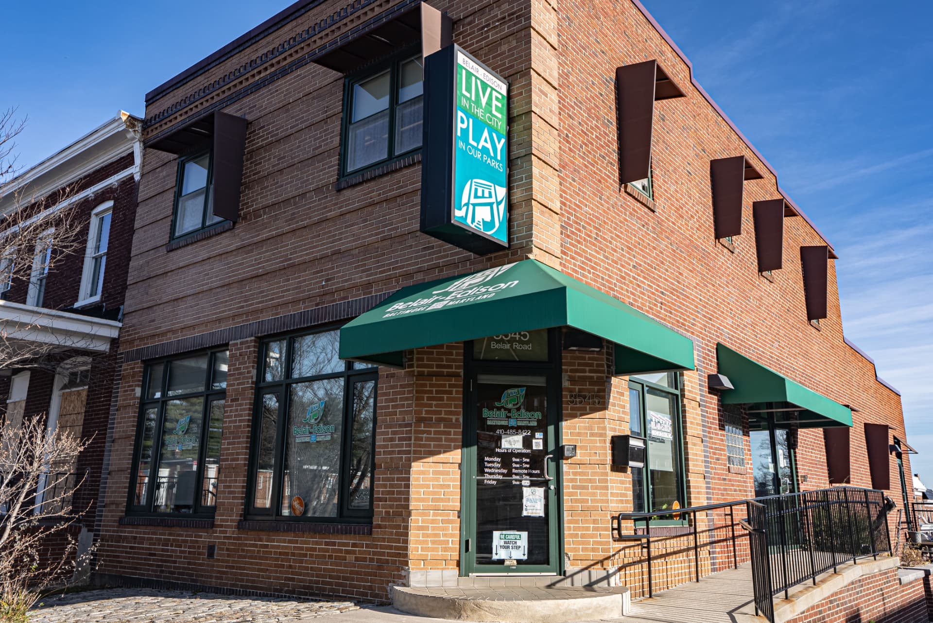 The Belair-Edison Neighborhoods office on Belair Road with its green awning