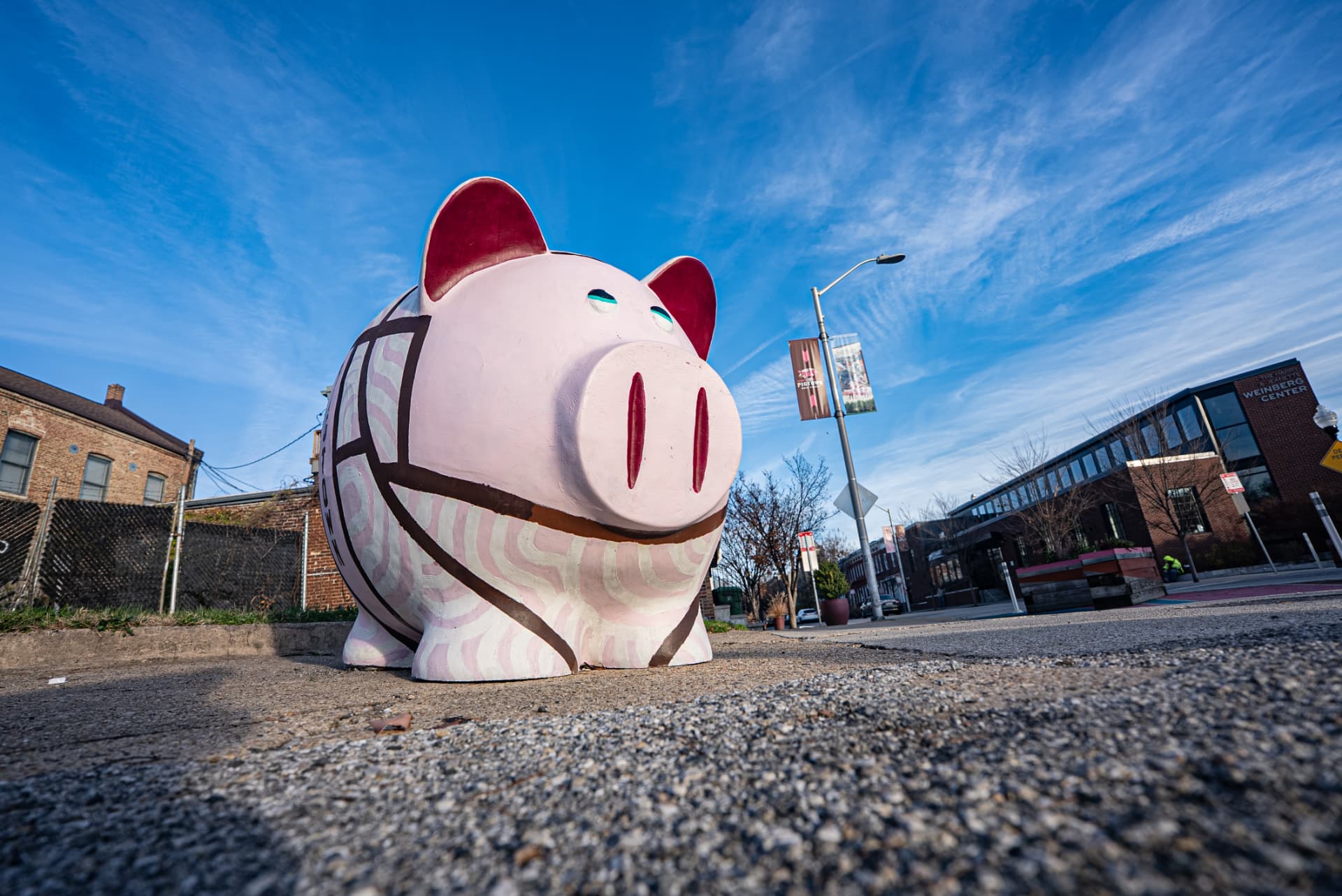 The painted pig sculpture on Washington Boulevard in Pigtown